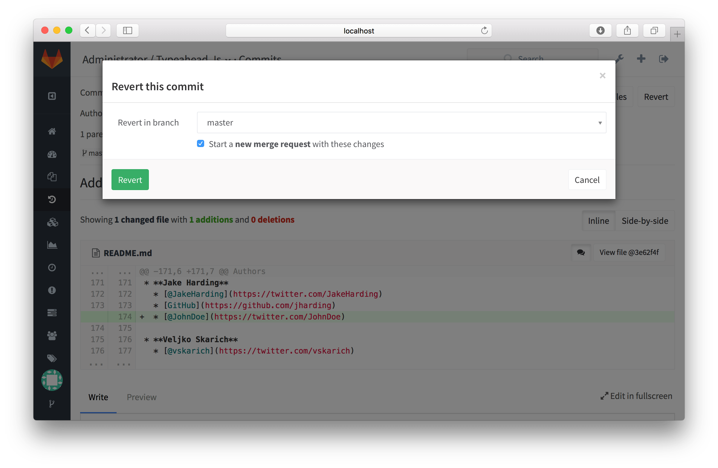 Revert commit modal