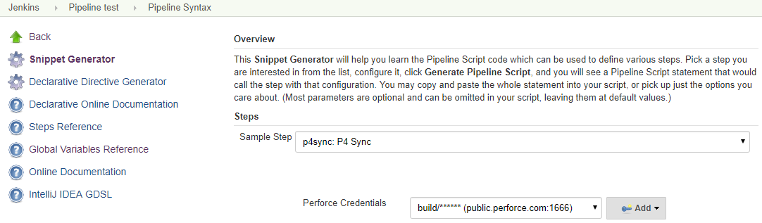 Image of Pipeline SyntaxSnippet Generator, p4sync: P4Sync