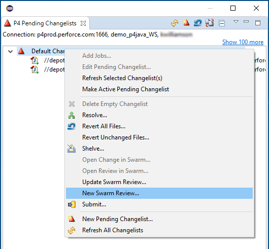Image of Pending Changelists Panel with Right-click menu