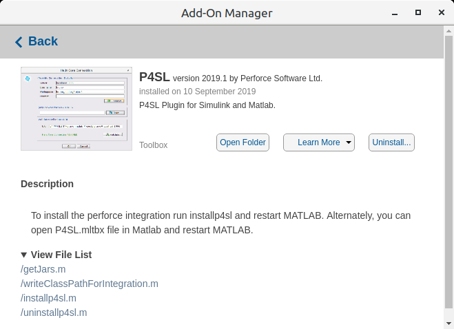 Image of the P4SL plugin details displayed by the MATLAB Add-On Manager