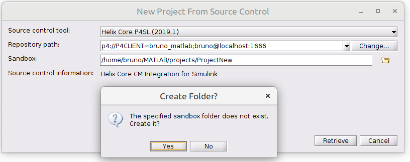 Image of the Project Retriever dialog ready to fetch files from the Helix Server