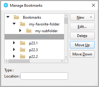 Manage Bookmarks dialog