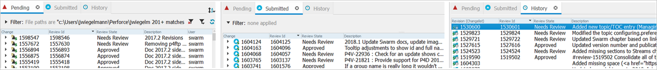 Pending, Submitted, and History tabs showing the Review Id and Review State Columns