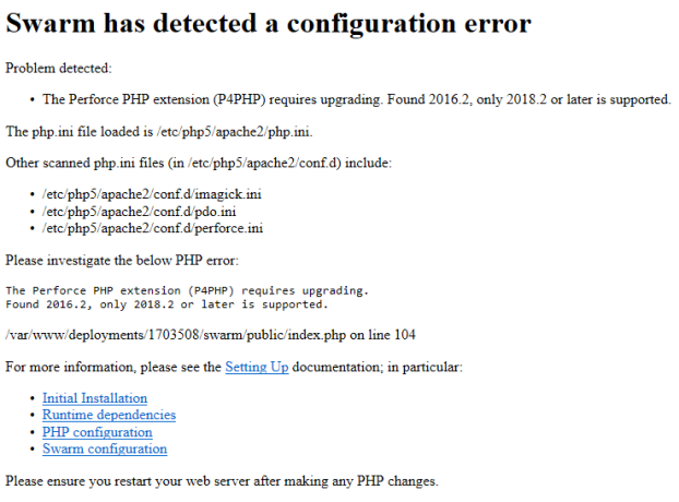 Image of the P4PHP version error message