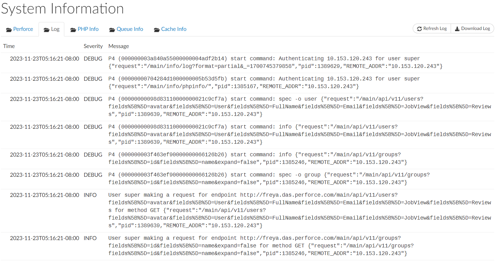 System information, Log tab Image of the Log tab