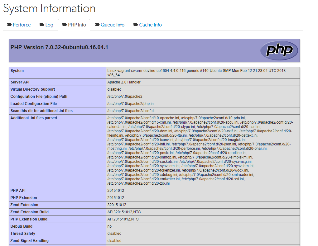 PHP Info tab