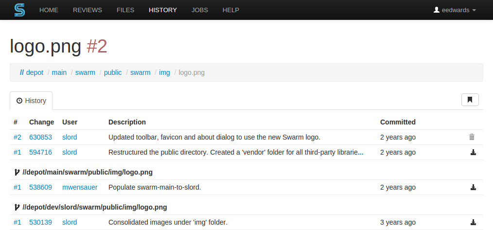 The History page for a file