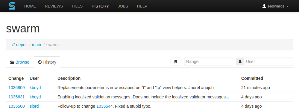 The History page for a specific depot location
