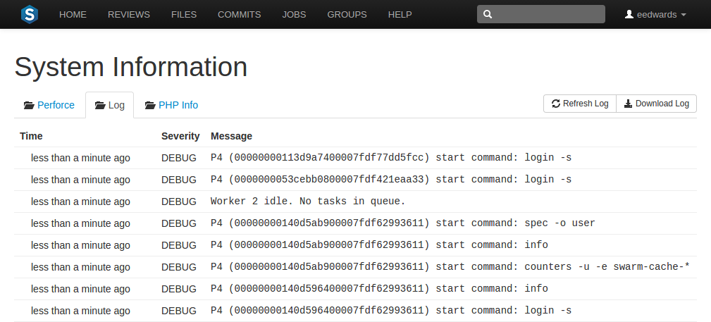 The System Information page, showing the Swarm log