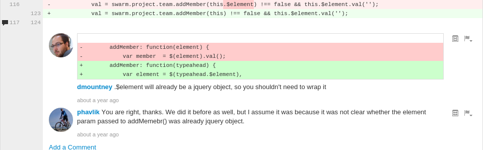 Commentary on a change, showing its context.