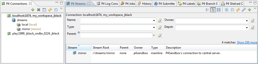 Viewing local P4Sandbox in P4 Connections and P4 Streams tabs