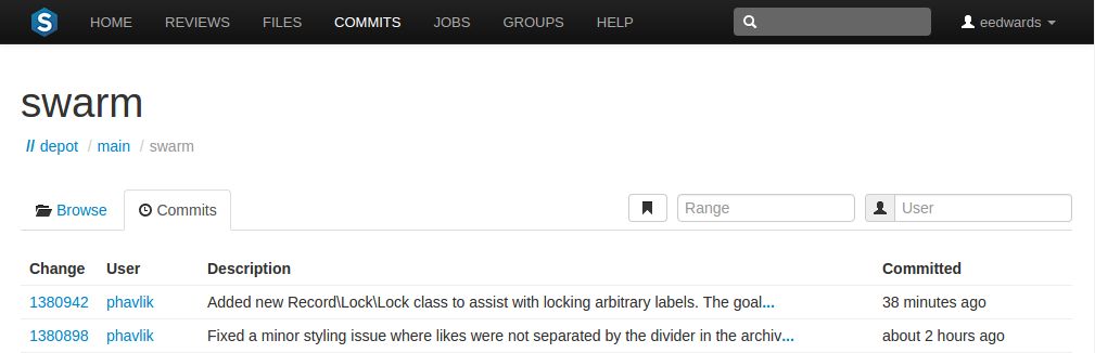 The Commits page for a specific depot location