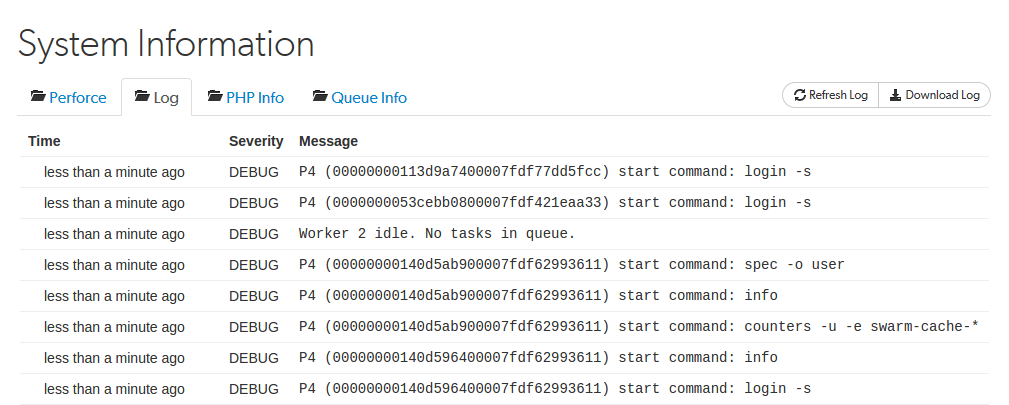 System information, Log tab Image of the Log tab