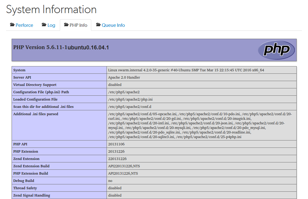 System Information, PHP Info tab PHP Info tab