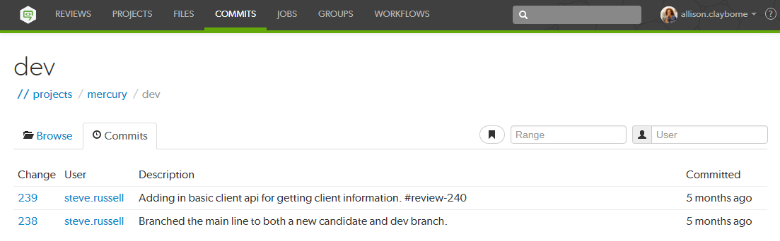 The Commits page for a specific depot location Image of a Commits page showing a specific depot location