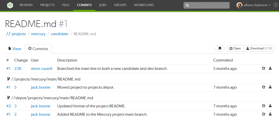 The Commits page for a file Image of the Commits page for a file