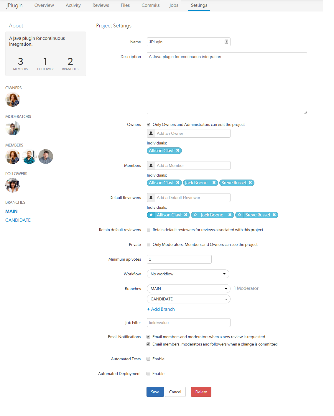 Image of the Project settings tab