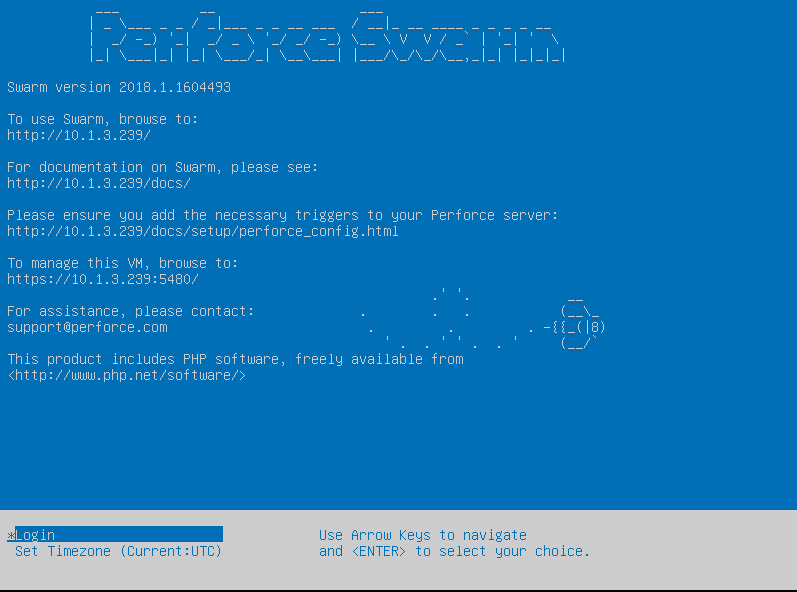 Image of the Swarm VM Welcome Screen