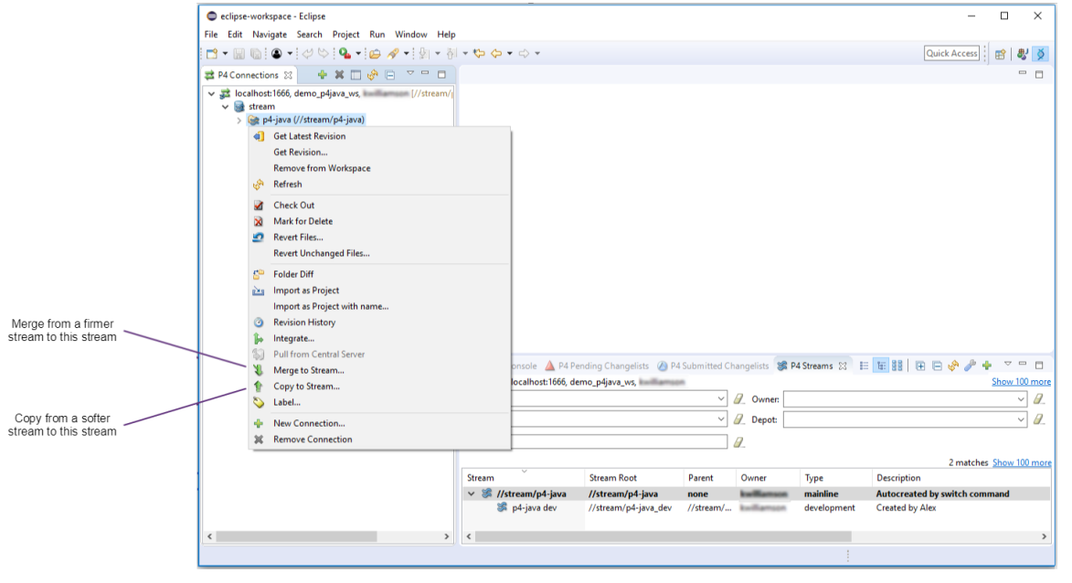 Streams view in Perforce perspective image