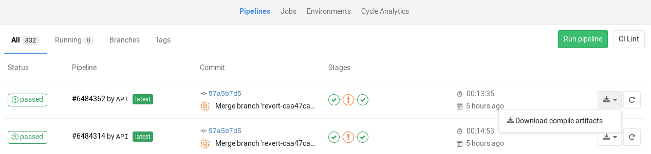 Job artifacts in Pipelines page