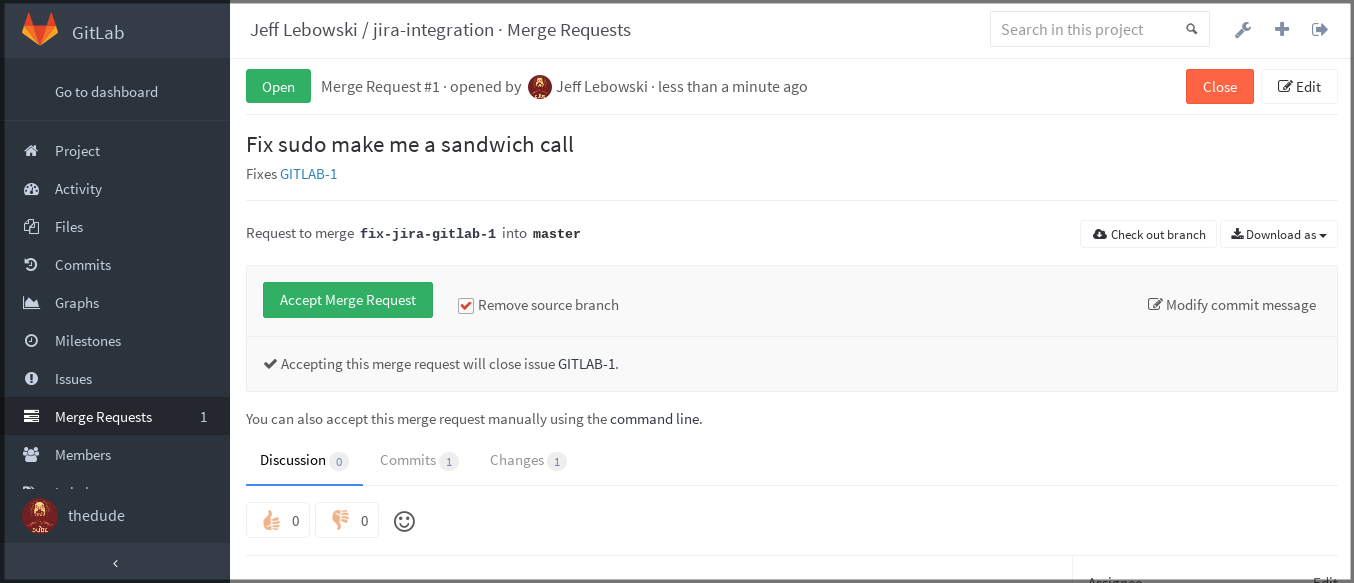 JIRA - submit a GitSwarm merge request