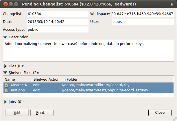 P4V "Pending Changelist" dialog with shelved files selected