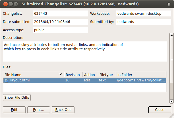 P4V "Submitted Changelist" dialog with files selected