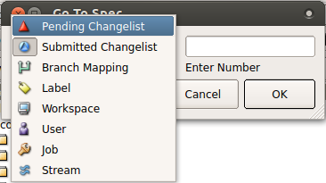 P4V "go to" dialog with "Pending Changelist" selected