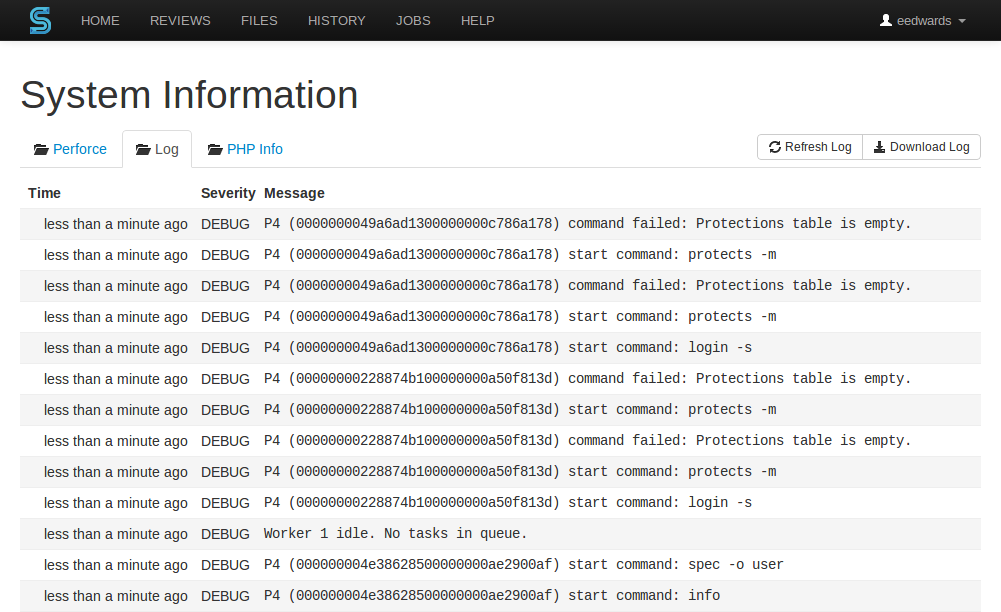 The System Information page, showing the Swarm log
