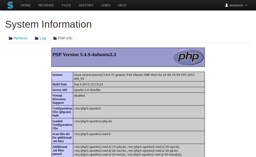 The System Information page, showing PHP Info