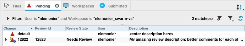 Pending Changelist Showing Swarm Review ID and Review State