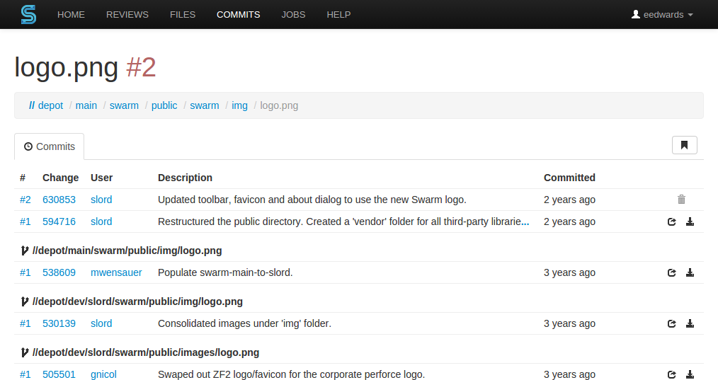 The Commits page for a file