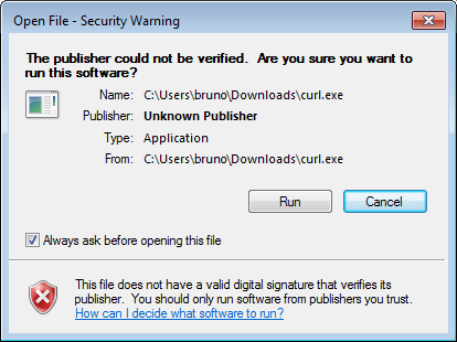 Windows security warning.
