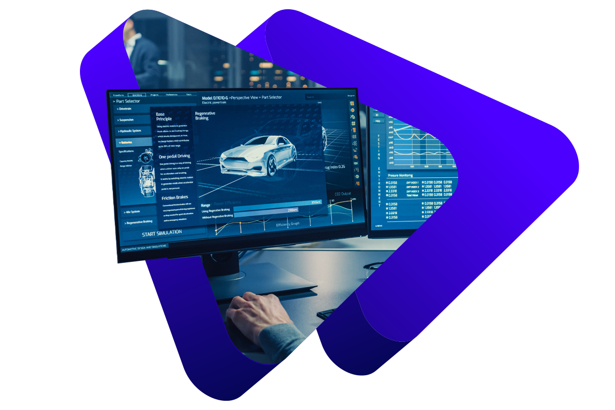 A monitor cropped by 3D shapes showing a rendering of an automobile