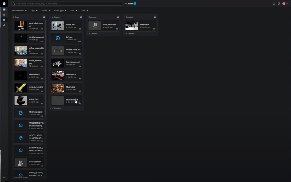 Perforce Helix DAM kanban screenshot.
