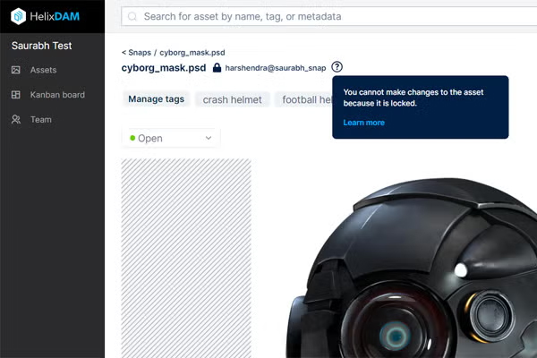 Perforce Helix DAM asset locking screenshot.