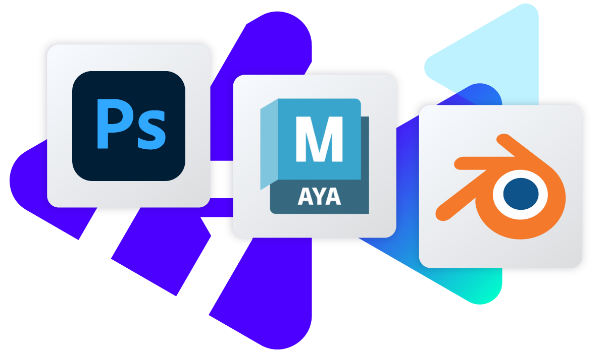 Photoshop, Maya, and Blender logos.