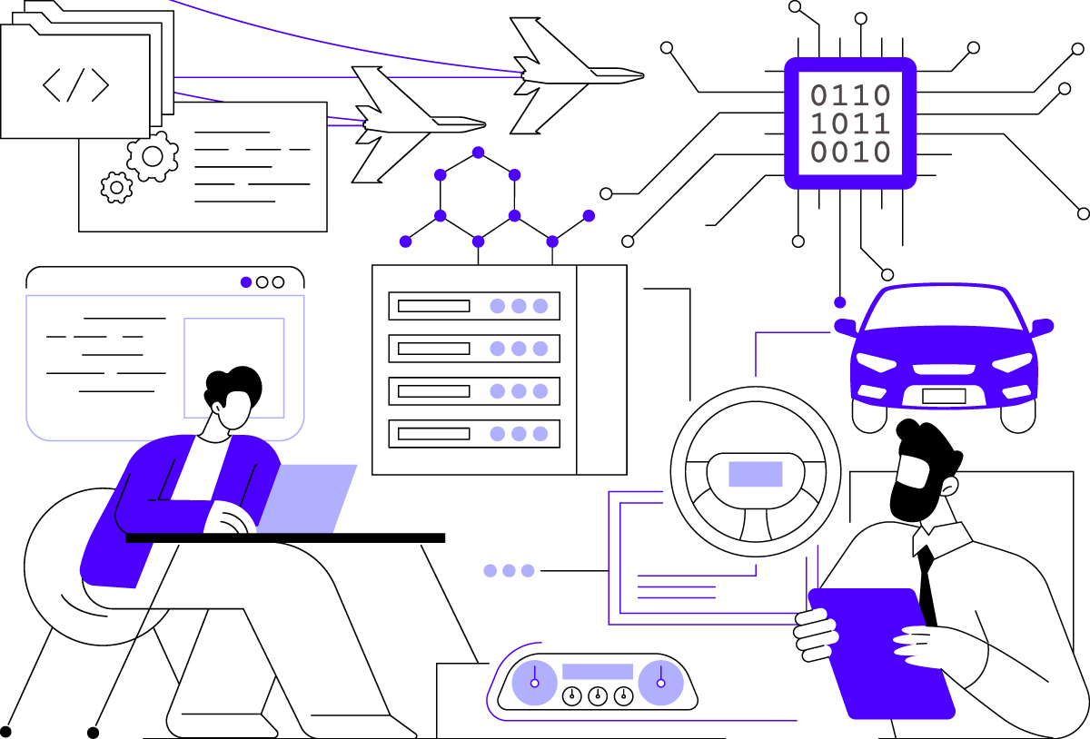 Embedded software development illustration for aerospace, automotive, health, and more.