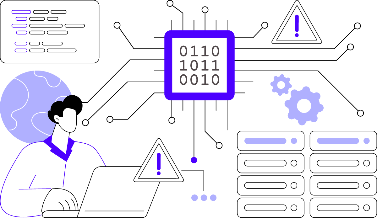 Embedded software development illustration with servers, code, and warnings.
