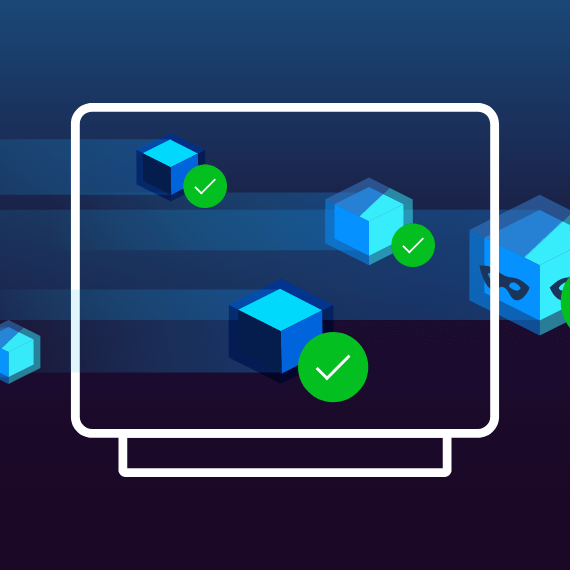 Abstract image of 5 cubes, three have green checkmarks beside them and are framed in the shape of a computer screen