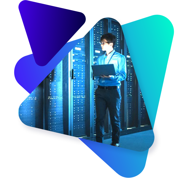 Image of IT worker in a server farm checking statuses