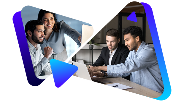 Two sets of people learning and being consulted by an expert, cropped in a triangle shape