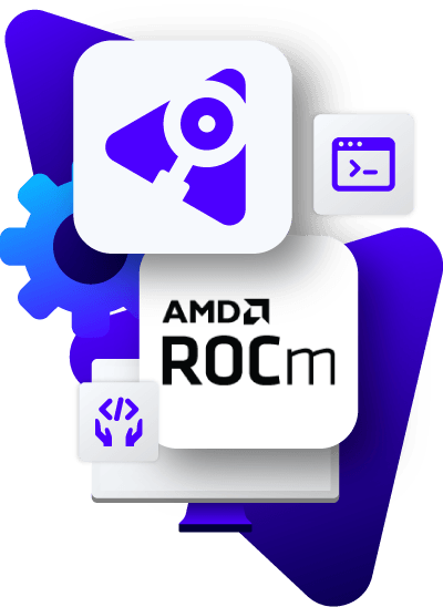 TotalView and AMD ROCm with coding and gear icons above desktop.