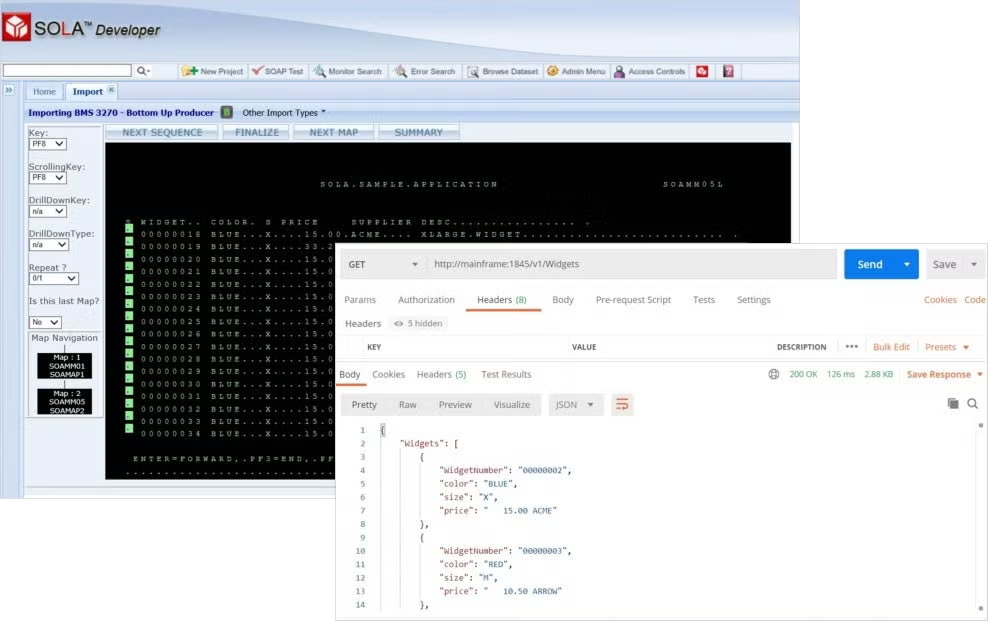 Sola Developer and mainframe screenshots.
