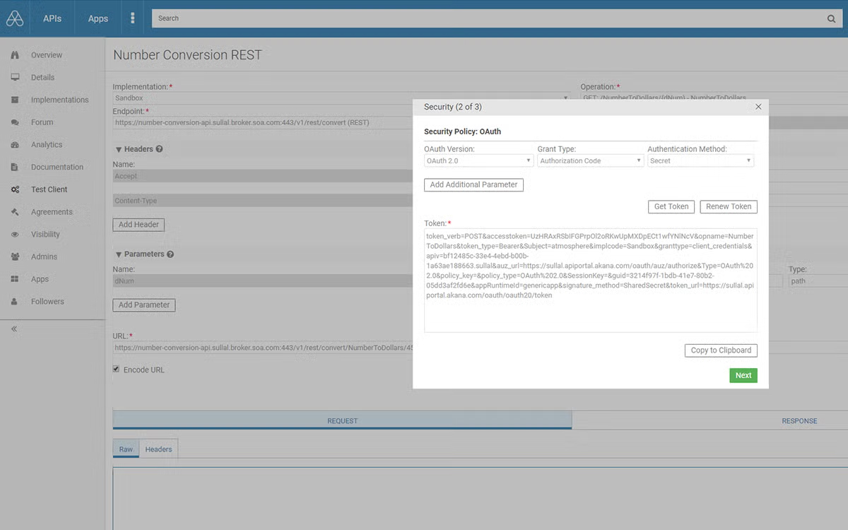 Akana API security menu screenshot.