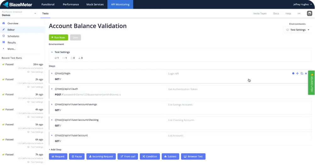 BlazeMeter API monitoring - account balance validation screenshot.