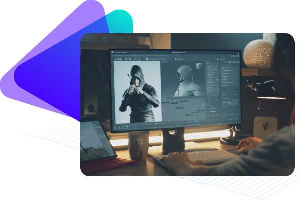 Designer using 3D modeling software on desktop.