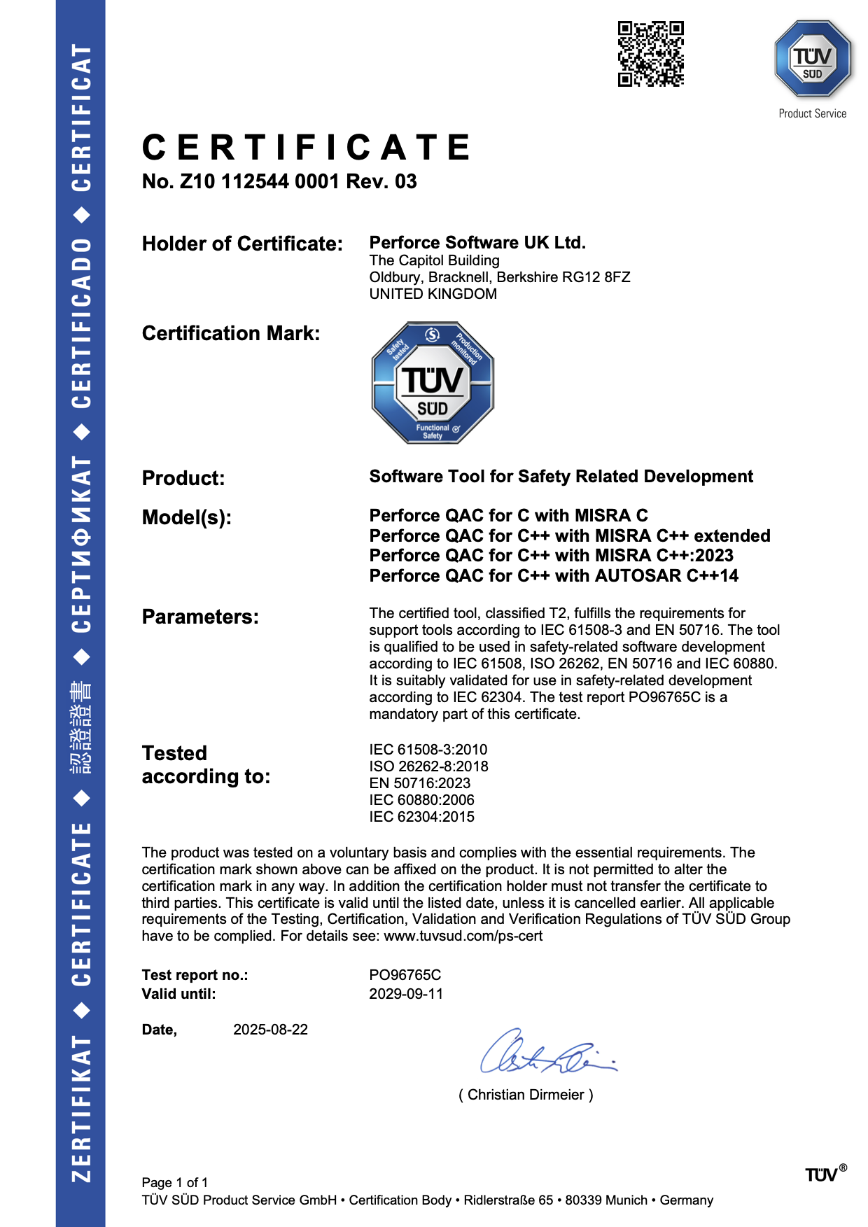 TÜV-SÜD Perforce QAC certificate.