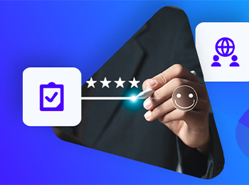 A hand holding a pen checks five stars on a digital tablet against a blue background.