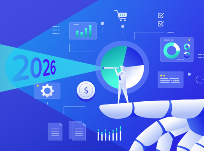 A robotic hand holding a small figure pointing at a charts and digital graphs with icons in the background.